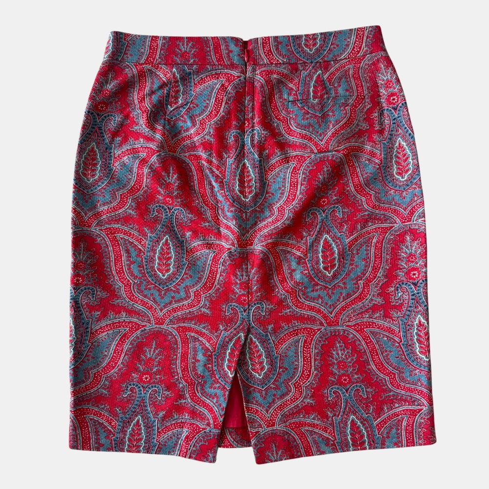 J.Crew No 2 Pencil Skirt Red Blue Paisley Cotton Pique sz 2 preppy academia bold - Picture 6 of 8